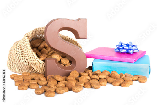 Jute bag with chocolate, ginger nuts and presents; a Dutch tradition at Sinterklaas event in december