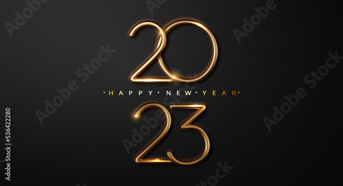 Gold Realistic 2023 New Year 2022 lettering on the black background. Design element for poster, flyer, postcard