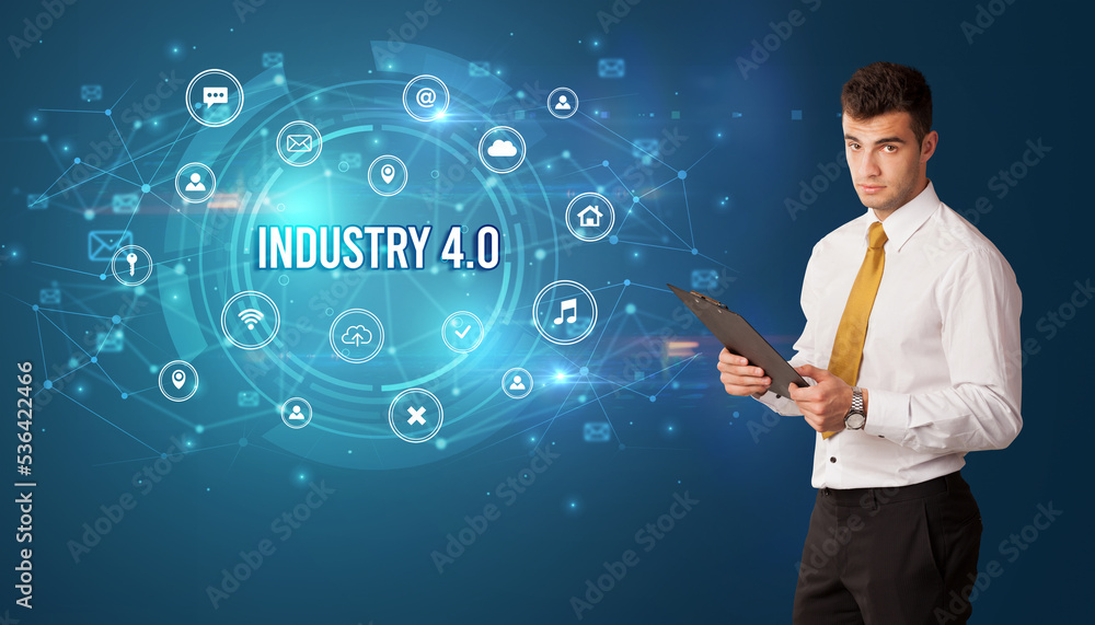 Businessman thinking about modern technology Businessman thinking about modern technology