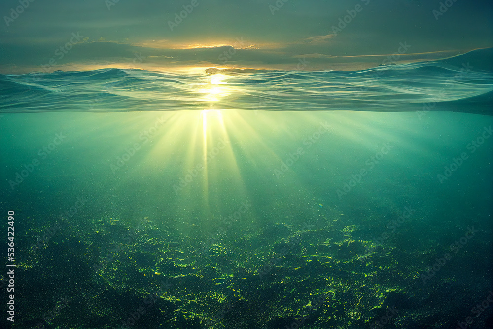 Sunbeams shining underwater in the green sea Sunbeams shining underwater in the green sea