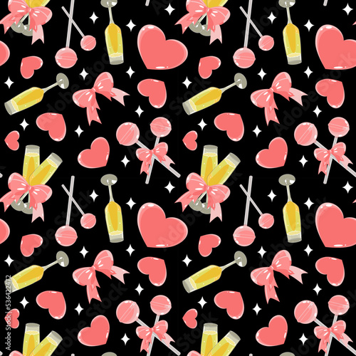 Seamless holiday pattern with valentines decorations, lollipops, champagne, and hearts in flat technique vector illustration 