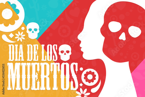 Inscription Day of the Dead in Spanish. Dia de los Muertos holiday concept. Template for background, banner, card, poster with text inscription. Vector EPS10 illustration.