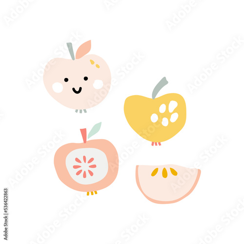 Cute hand drawn vector set of pastel color half and whole of juicy apple. Fresh cartoon apples on white background.