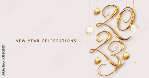 2023 Happy new year banner on bright background. 2022 Golden 3d numbe.