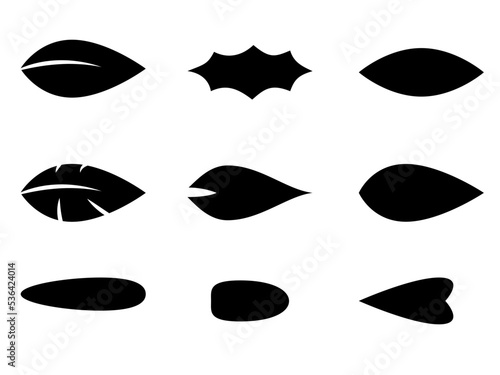 Black filled leaf shapes, floral graphic element. Isolated vector illustration, transparent background. Asset for art brush, stamp, flourish design, pattern, cards, montage, collage or mark making.	
