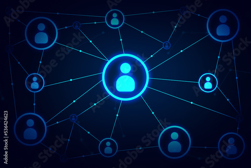Futuristic networking concept background with glowing persons and connection lines among them. Networking wallpaper with blue glowing lights