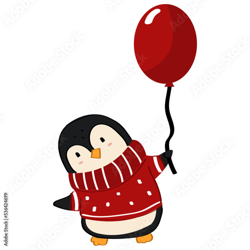 A cute penguin wearing a red sweater and holding a balloon.
