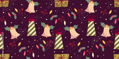 Cartoon seamless pattern christmas holiday. Vector cartoon xmas seamless pattern. Festive gift box. Holiday background.