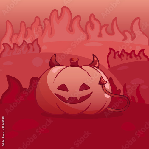 Happy Halloween party invite or greeting card. Halloween pumpkin like a Devil on hell with red fire for your Halloween background, game location, postcard, poster, invite, banner or stickers.