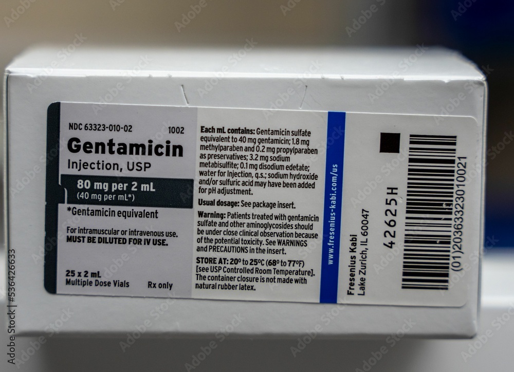 View of a box of Gentamicin Injection 80mg over the white surface Stock