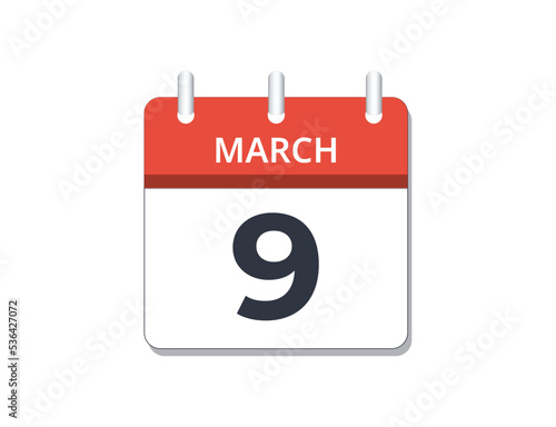 March, 9th calendar icon vector. 