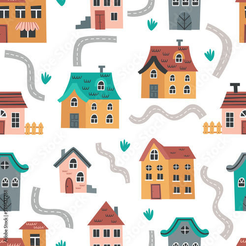 Baby seamless pattern with cute houses
