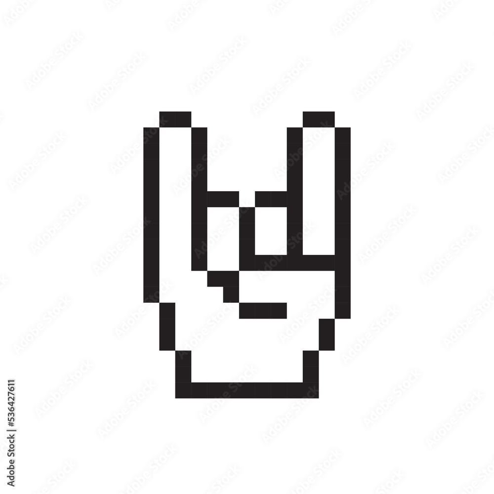 Pixel art style hand icon, rock and roll expression. Pixel art style hand icon, rock and roll expression.