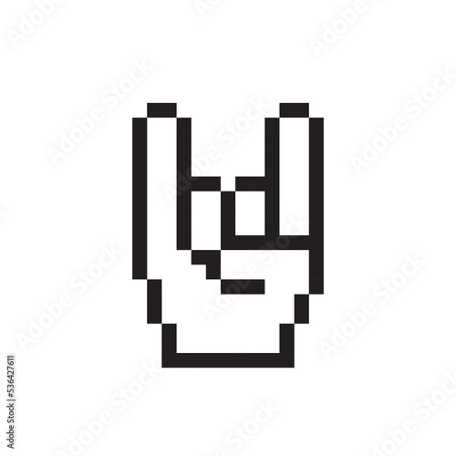 Pixel art style hand icon, rock and roll expression.