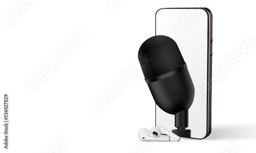 Podcast background. Mobile smartphone screen with podcast application, sound headphones. Audio voice with radio microphone on black. Recording studio or podcasting banner with copy space.