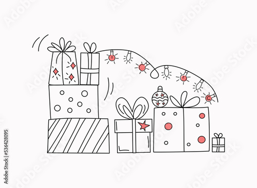 Icon set. Garland with lamps.
  Gifts for Christmas, New Year. Holiday décor packs. Vector badges in doodle style. Drawings, sketch with black outline. The background is isolated.