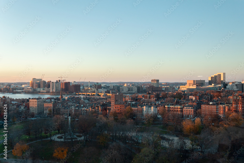 Panorama of a park in the middle of a city in autumn. Boston Common. Boston, Massachusetts