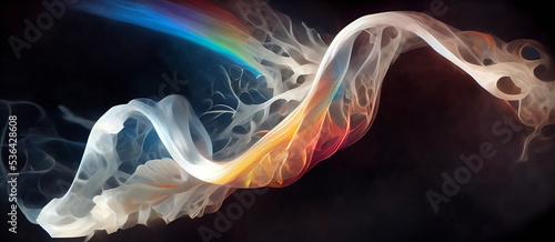 Colored waving smoke abstract of textured splash on black backdrop, mixed digital illustration and matte painting