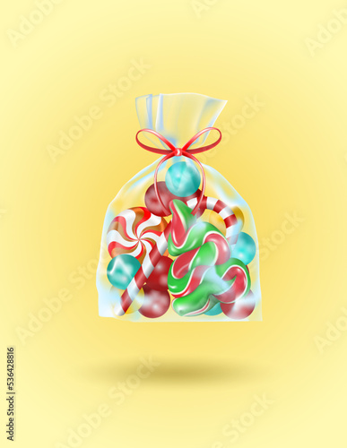 Sweets in a transparent bag tied with a red ribbon on a golden background. Candy gift for christmas, new year, birthday. Editable vector illustration EPS 10