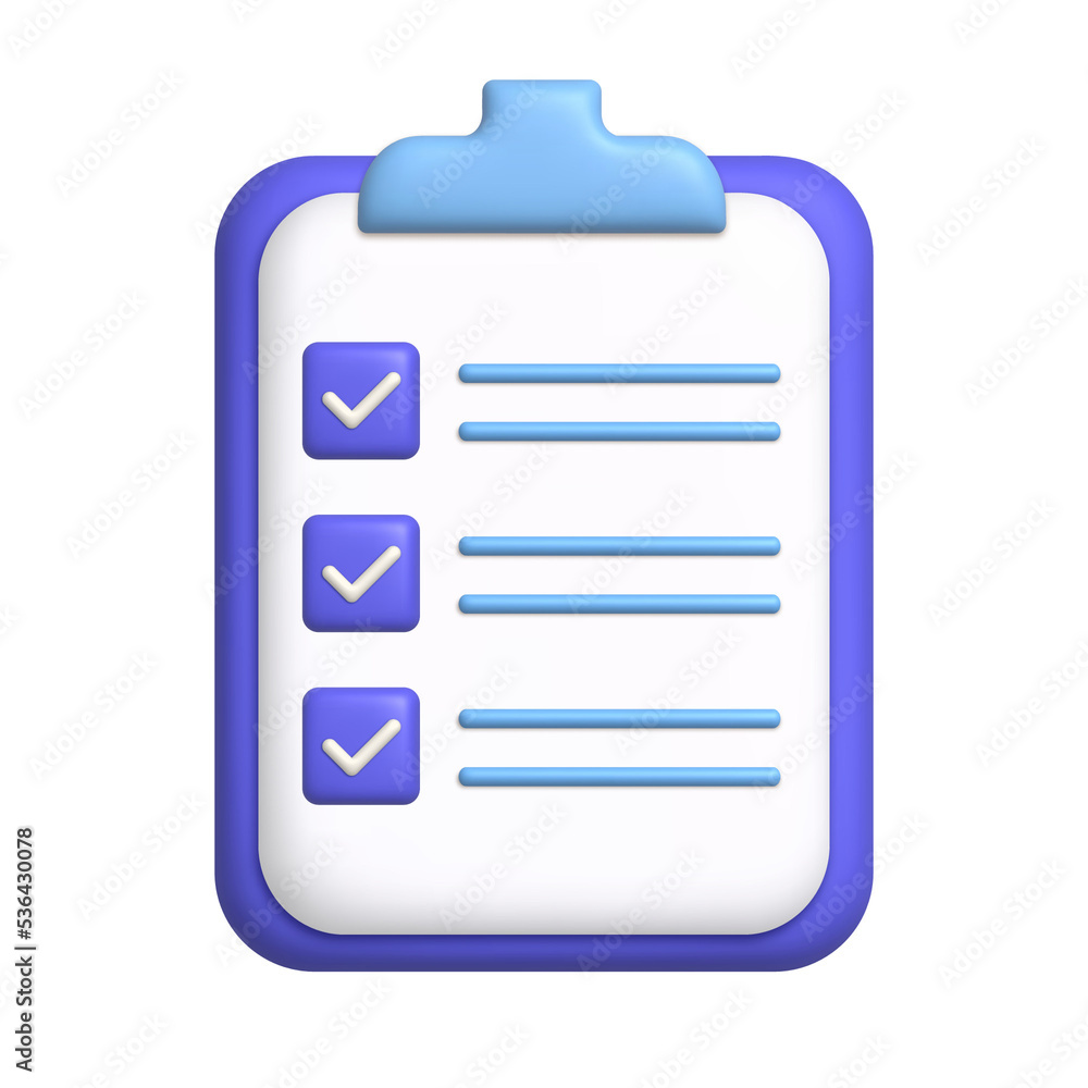 Document 3d icon. Sheet of paper on clipboard. To-do list concept with check marks. 3d realistic design element. Document 3d icon. Sheet of paper on clipboard. To-do list concept with check marks. 3d realistic design element.