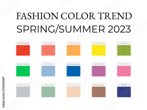 Fashion Color Trend Spring - Summer  2023. Trendy colors palette guide. Brush strokes of paint color with names swatches. Easy to edit vector template for your creative designs