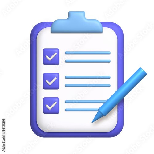 Document 3d icon. Sheet of paper on clipboard with pen. To-do list concept with check marks. 3d realistic design element.