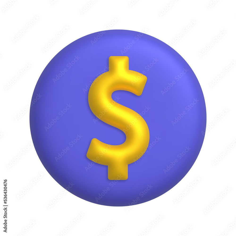 Gold dollar sign on purple button. 3d realistic design element. Gold dollar sign on purple button. 3d realistic design element.