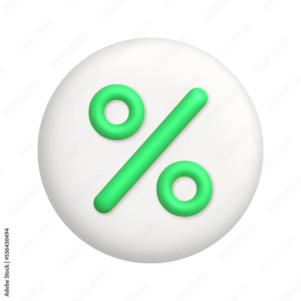 Green percent sign on white button. business and science icon. 3d realistic design element. Green percent sign on white button. business and science icon. 3d realistic design element.