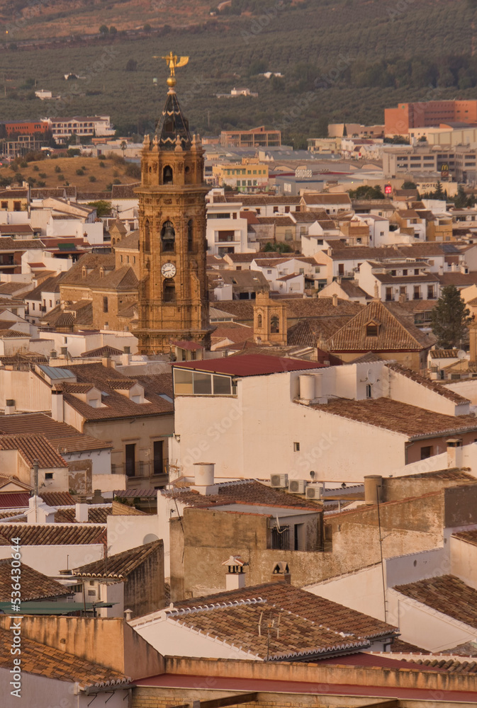 Beautiful panoramic view of the town of Antequera at sunset, Andalusia, Spain.