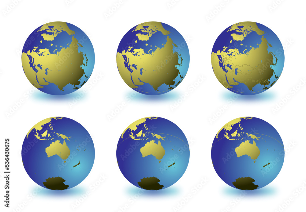 Set of Earth globes focusing on the North Asia (top row) and the Australia (bottom row). Carefully layered and grouped for easy editing. You can edit or remove separately the sphere, the lands, the bo Set of Earth globes focusing on the North Asia (top row) and the Australia (bottom row). Carefully layered and grouped for easy editing. You can edit or remove separately the sphere, the lands, the bo