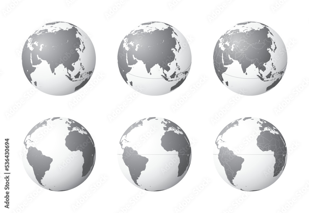 Set of Earth globes focusing on the Asia (top row) and the Atlantic Ocean (bottom row). Carefully layered and grouped for easy editing. You can edit or remove separately the sphere, the lands, the bor - obrazy, fototapety, plakaty 