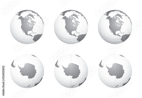 Set of Earth globes focusing on the North America (top row) and the Antarctica (bottom row). Carefully layered and grouped for easy editing. You can edit or remove separately the sphere, the lands, th