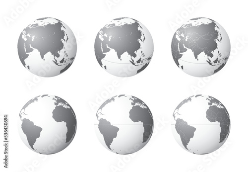 Set of Earth globes focusing on the Asia (top row) and the Atlantic Ocean (bottom row). Carefully layered and grouped for easy editing. You can edit or remove separately the sphere, the lands, the bor