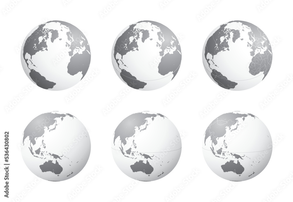 Set of Earth globes focusing on the North Atlantic (top row) and the East Asia and Oceania (bottom row). Carefully layered and grouped for easy editing. You can edit or remove separately the sphere, t