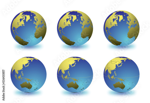 Set of Earth globes focusing on the North Atlantic (top row) and the East Asia and Oceania (bottom row). Carefully layered and grouped for easy editing. You can edit or remove separately the sphere, t