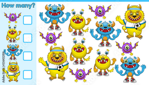 Educational a mathematical game. Count how many cartoon monsters and write the result. Vector illustration.