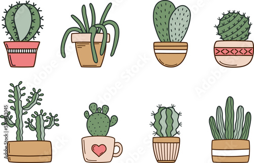 Cute cactus in flower pots set