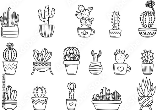 Cute cactus in flower pots set