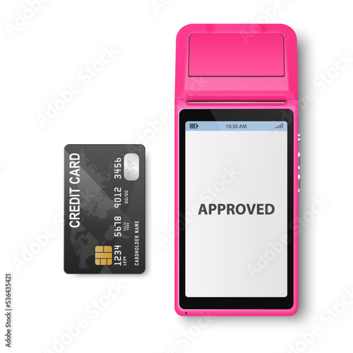 Vector 3d NFC Payment Machine with Approved Status and Credit Card Isolated. Wi-fi, Wireless Payment. POS Terminal, Machine Design Template of Bank Payment Contactless Terminal, Mockup. Top View
