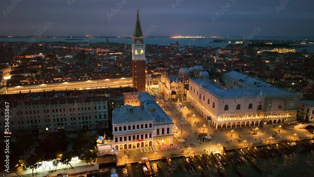 4K aerial drone view of Venice grand canal cathedral church in old town birds view. Venice italy skyline at sunset colored sky. Italy 4K aerial drone view of Venice grand canal cathedral church in old town birds view. Venice italy skyline at sunset colored sky. Italy