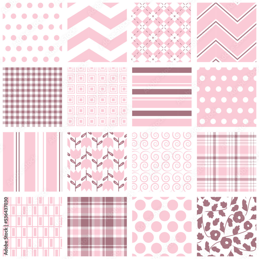 Pink seamless pattern set. Repeating patterns for baby shower, backgrounds, fabric, gift wrap, scrapbooking and more. Tulips, flowers, gingham, plaid, polka dot, stripe, argyle and chevron prints. Pink seamless pattern set. Repeating patterns for baby shower, backgrounds, fabric, gift wrap, scrapbooking and more. Tulips, flowers, gingham, plaid, polka dot, stripe, argyle and chevron prints.