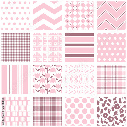 Pink seamless pattern set. Repeating patterns for baby shower, backgrounds, fabric, gift wrap, scrapbooking and more. Tulips, flowers, gingham, plaid, polka dot, stripe, argyle and chevron prints.