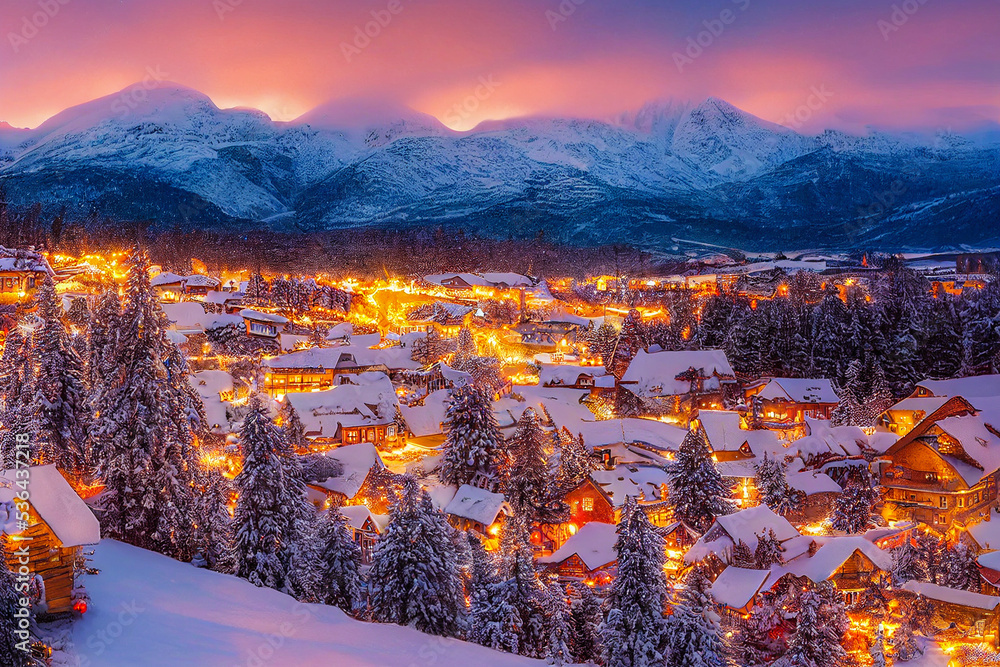 winter landscape in the mountains at sunset