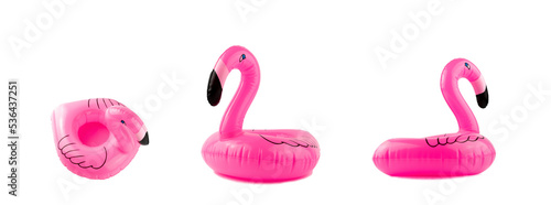 Beach flamingo. Pink pool inflatable flamingo for summer beach isolated on white background. Funny bird toy for kids.
