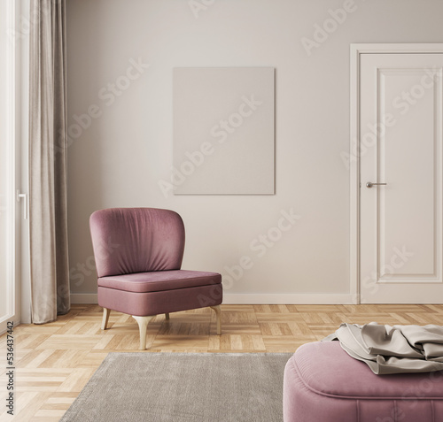 Minimalistic interior design. empty poster frame in modern interior background with pink armchair

