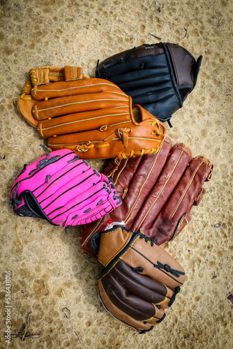 Baseball gloves on a field in a park in Central Florida