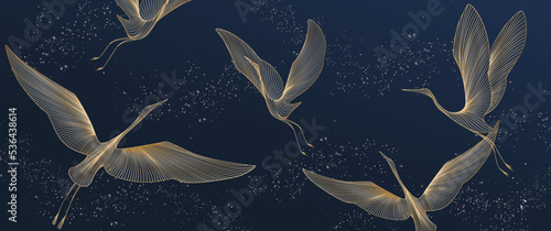 Dark blue art background with birds in gold line art style. Vector banner with oriental pattern of cranes for wallpaper, interior, decor, textile, print, packaging. photo