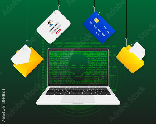 Coding Hacker and Cyber criminals phishing stealing private personal data, user login, password, document, email and credit card. Green code. Vector illustration.