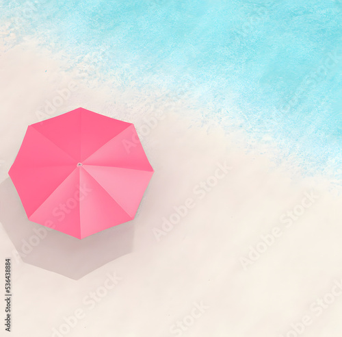 Clean design of top view on pink umbrella on turquoise blue sand beach Illustration