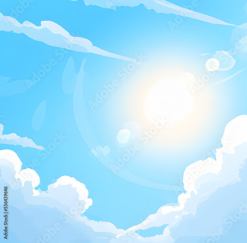 Blue sky with clouds. Anime style background with shining sun and white fluffy clouds